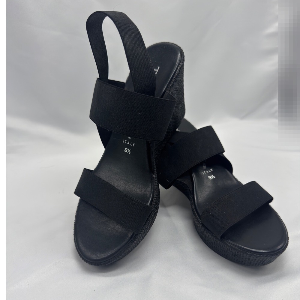 Womens Black Elastic Platform‎ Strappy Wedge Sandals Size 9.5 Made in Italy